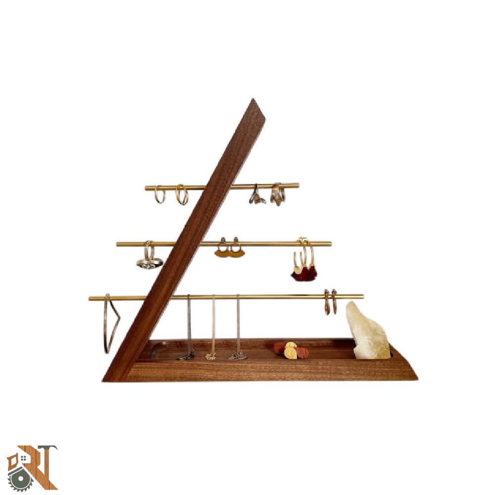 استند جواهرات چوبی مدل راشینو ۰۰۱ با طراحی مینیمال و پایه فلزی برای نگهداری گوشواره و گردنبند